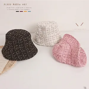 Kids Plaid Bucket Hat Vintage Tweed Fabric Gold Metallic Silk Elegant Fisherman Cap Outdoor Sun Protection For Girls
