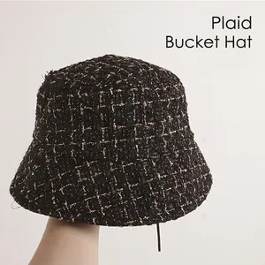 Kids black and gold plaid bucket hat in textured tweed fabric for autumn and winter