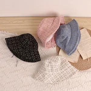 Set of four tweed bucket hats for children with silver thread and windproof straps