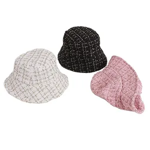 Children's tweed bucket hats with gold glitter thread in white, black, and pink colors