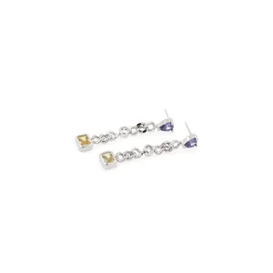 Elegant 18K silver-plated drop earrings with yellow and purple gemstone accents