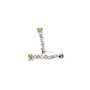 Close-up of 18K gold plated mesh earrings with colorful rectangular and drop pendants