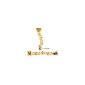 Detail of 18K gold plated drop earrings with purple teardrop gem and yellow stone