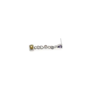 Detailed macro view of 18K gold-plated long earring with colorful zircon gemstones