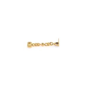 Detail of 18K gold-plated mesh chain drop earrings featuring purple crystal faceted stones