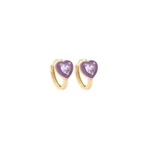 Boucles d'oreilles cœur plaquées or 18K avec zircon violet et émail de style vintage