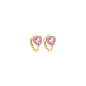 Boucles d'oreilles créoles plaquées or 18K avec cœur en émail rose et pierre zircon