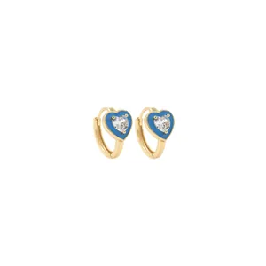Boucles d'oreilles cœur en or 18K avec émail bleu et pierre de zircon cubique