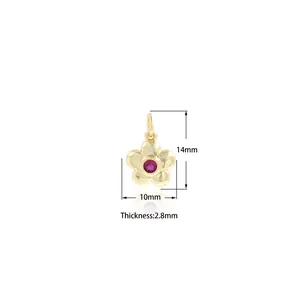 Macro view of 18K gold-plated flower pendant with rose red zircon and size markings