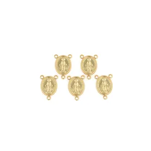 Detailed view of five 18K gold-plated oval Virgin Mary charms with three connector loops