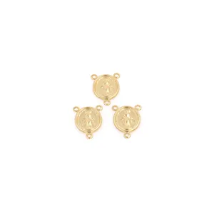 Close-up of 18K gold plated Virgin Mary round charms with triple connector rings