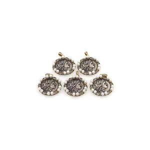 Detailed set of 18K gold-plated coin pendants with pearls and Roman portrait relief