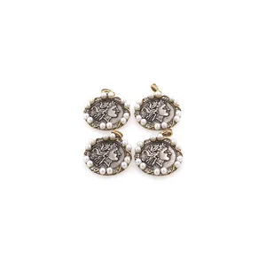 18K gold plated Roman coin pendants with pearls and zircon for DIY necklace jewelry