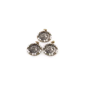 Three vintage 18K gold-plated coin pendants with pearls and zircon in a retro Roman style