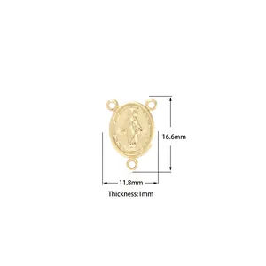 Macro view of 18K gold plated Virgin Mary pendant showing 16.6mm dimensions and 1mm thickness