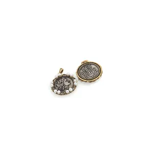 Vintage 18K gold plated coin pendant with pearl border and Roman figure engraving