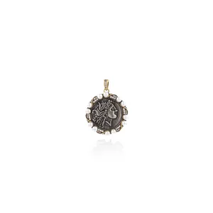 18K gold-plated retro coin pendant with Roman head relief and pearl zirconia trim