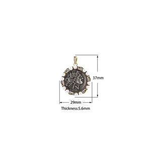 Detailed view of 18K gold plated Roman coin pendant with size markers: 37mm by 29mm