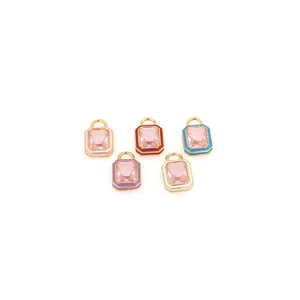 Pendenti rettangolari placcati oro 18K con zirconi rosa e bordi smaltati colorati per fai da te