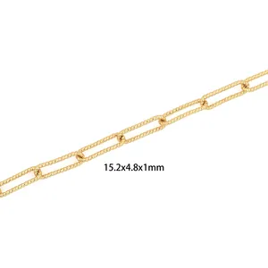 Close-up of textured 18K gold plated paperclip chain showing 15.2x4.8x1mm link details