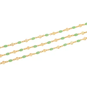 18K gold plated copper chain with green beads and hollow clover for DIY jewelry making