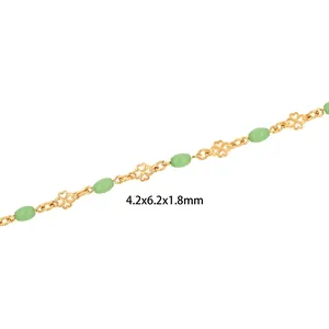 Detail of 18K gold-plated clover chain with light green beads for DIY jewelry making