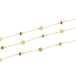 18K gold-plated beaded chain with colorful gemstone charms and polished disc accents