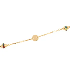 Detail of 18K gold plated bead chain with round disc and colorful zircon accents