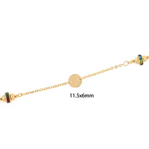 Macro view of 18K gold plated beaded chain with colorful beads and 11.5x6mm metal disk