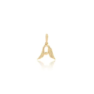 Gold-plated letter A pendant featuring zircon-studded wings and polished metallic finish