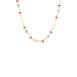 18K Gold Plated Copper Two-Tone Long Chain With Blue Crystal Red Bead For DIY Jewelry Necklace Making Accessories Bohemian Style