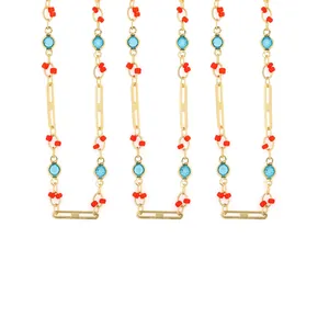 18K gold plated chain with red beads and blue crystals for DIY jewelry making