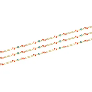 18K gold-plated rectangle link chain with blue gemstones and red beads for DIY jewelry