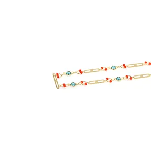 18K gold plated chain with blue oval stones and red beads for DIY jewelry making