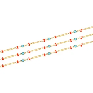 18K gold plated copper chain with red beads and sky blue stones for DIY jewelry making