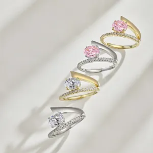 Elegant 925 sterling silver bypass rings with oval cut high carbon diamonds in pink and white