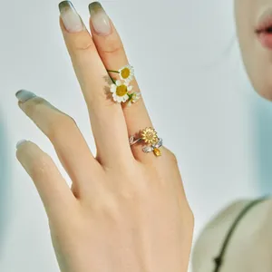 Detailansicht des drehbaren Sonnenblumen- und Bienenrings aus Silber am Finger