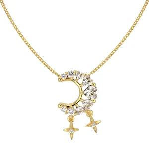 18K gold star and crescent moon necklace with zircon stones and heart charm