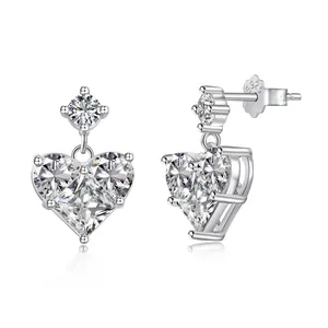 Elegant S925 sterling silver heart earrings with sparkling square zircon in bright silver
