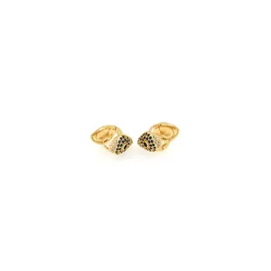 Detail of 18K gold-plated evil eye hoop earrings with blue and white cubic zirconia