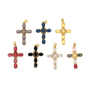 18K Gold Plated Copper Cross Pendant With Zircon Inlaid Religious DIY Necklace Jewelry Making Accessories For Women Men