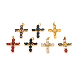 18K gold plated cross pendants set with colorful zircon stones in seven assorted colors