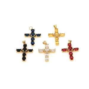 Detailed view of 18K gold plated cross pendants with colorful zircon stones in five colors