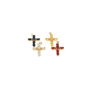 18K gold-plated cross pendant with colorful zircon stones in four vibrant colors