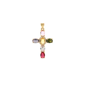 Detail of 18K gold-plated cross pendant with colorful oval gemstones and zircon accents