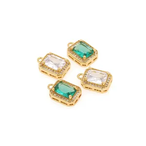 Rectangle 18K gold plated emerald and crystal pendants with micro-paved zircon stones