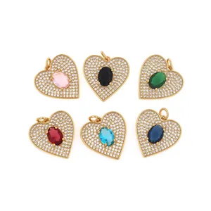 Macro shot of 18K gold-plated heart pendants with vibrant zircon stones in six colors