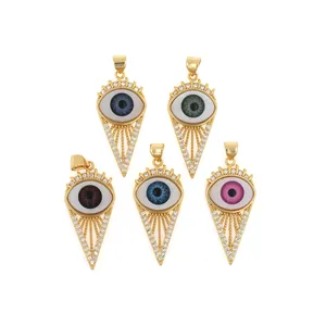 Vintage 18K Gold Plated Copper Evil Eye Pendant Only (Without Chain) With Zirconia Pyramid Inlaid DIY Jewelry Accessory