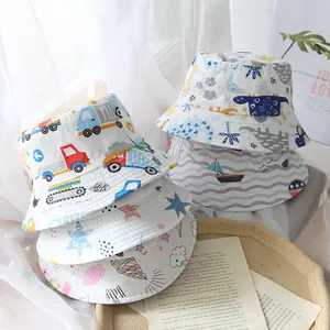 Cute Cartoon Pattern Children Bucket Hat Cotton Blend Sun Protection Outdoor Beach Hat For Toddler Boys Girls Dinosaur Car Rainbow Star
