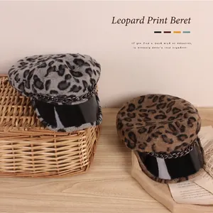 Casquette gavroche léopard pour enfants avec chaîne en métal et visière en similicuir
